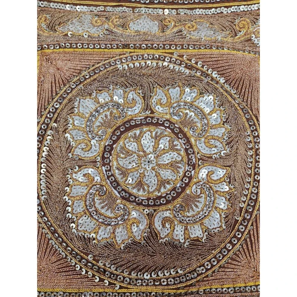 VTG Turkish Hand Beaded Embroidered Sequined Throw Pillow Cover Gold Boho